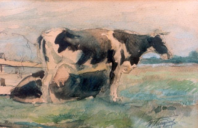 Kruyder H.J.  | Melkvee in de wei, aquarel op papier 14,0 x 21,0 cm, gesigneerd r.o.