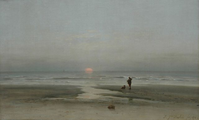 Destrée J.J.  | Bij zonsondergang op het strand, olieverf op doek 50,5 x 80,9 cm, gesigneerd r.o. en gedateerd 1878