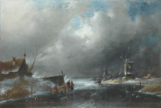 Charles Leickert | Winterse storm op komst, olieverf op paneel, 28,1 x 41,3 cm, gesigneerd r.o.