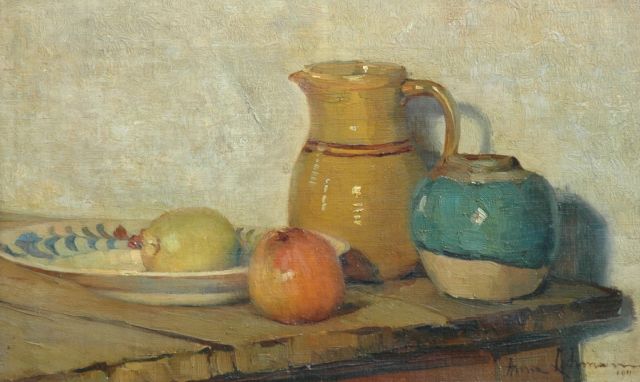 Lehmann A.E.F.  | Stilleven met kan en appels, olieverf op doek 24,4 x 39,4 cm, gesigneerd r.o. en op spieraam en gedateerd 1911
