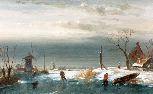 Charles Leickert | Molenlandschap met schaatsers op bevroren vaart, olieverf op paneel, 13,9 x 22,0 cm, gesigneerd r.o.