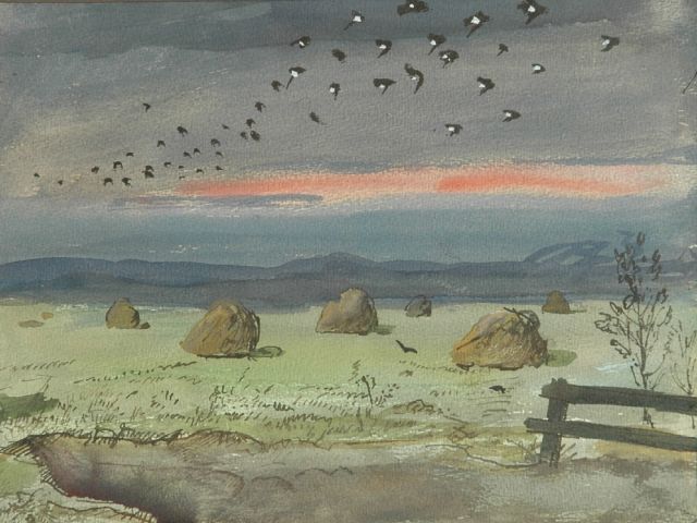 Kamerlingh Onnes H.H.  | Een zwerm vogels boven hooioppers, aquarel op papier 24,0 x 31,5 cm, gesigneerd r.o. met monogram en gedateerd '57