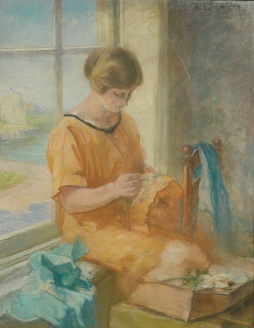 Vaarzon Morel W.F.A.I.  | Vrouw van de schilder bordurend, pastel op papier 66,0 x 51,0 cm, gesigneerd r.b.