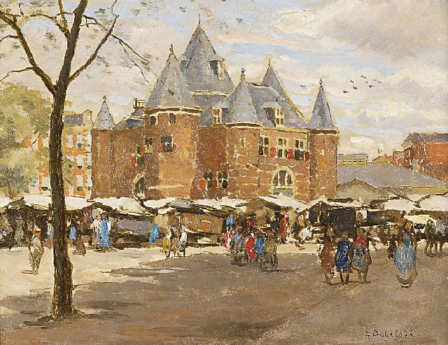 Felicien Bobeldijk | Nieuwmarkt met De Waag, Amsterdam, olieverf op paneel, 16,9 x 22,0 cm, gesigneerd r.o. en verso op etiket