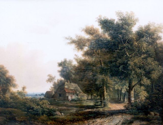 Jansen J.M.  | Bebosd landschap met boeren en hond bij boerderij, olieverf op doek 38,0 x 49,0 cm, gesigneerd l.o.