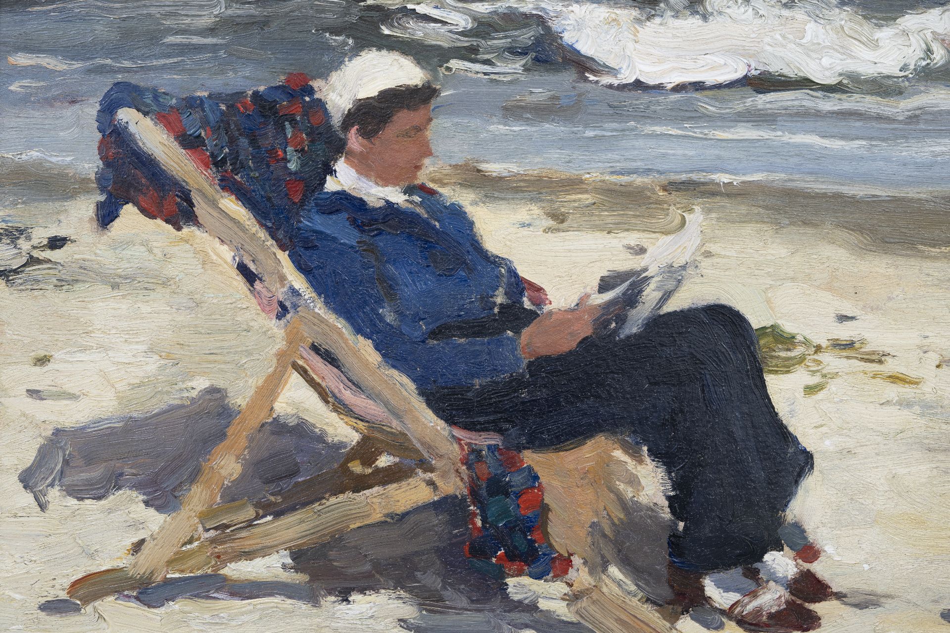 Wennen aan Zeehaven postkantoor Georg Hambüchen | Schilderijen te Koop | Lezende vrouw in een strandstoel