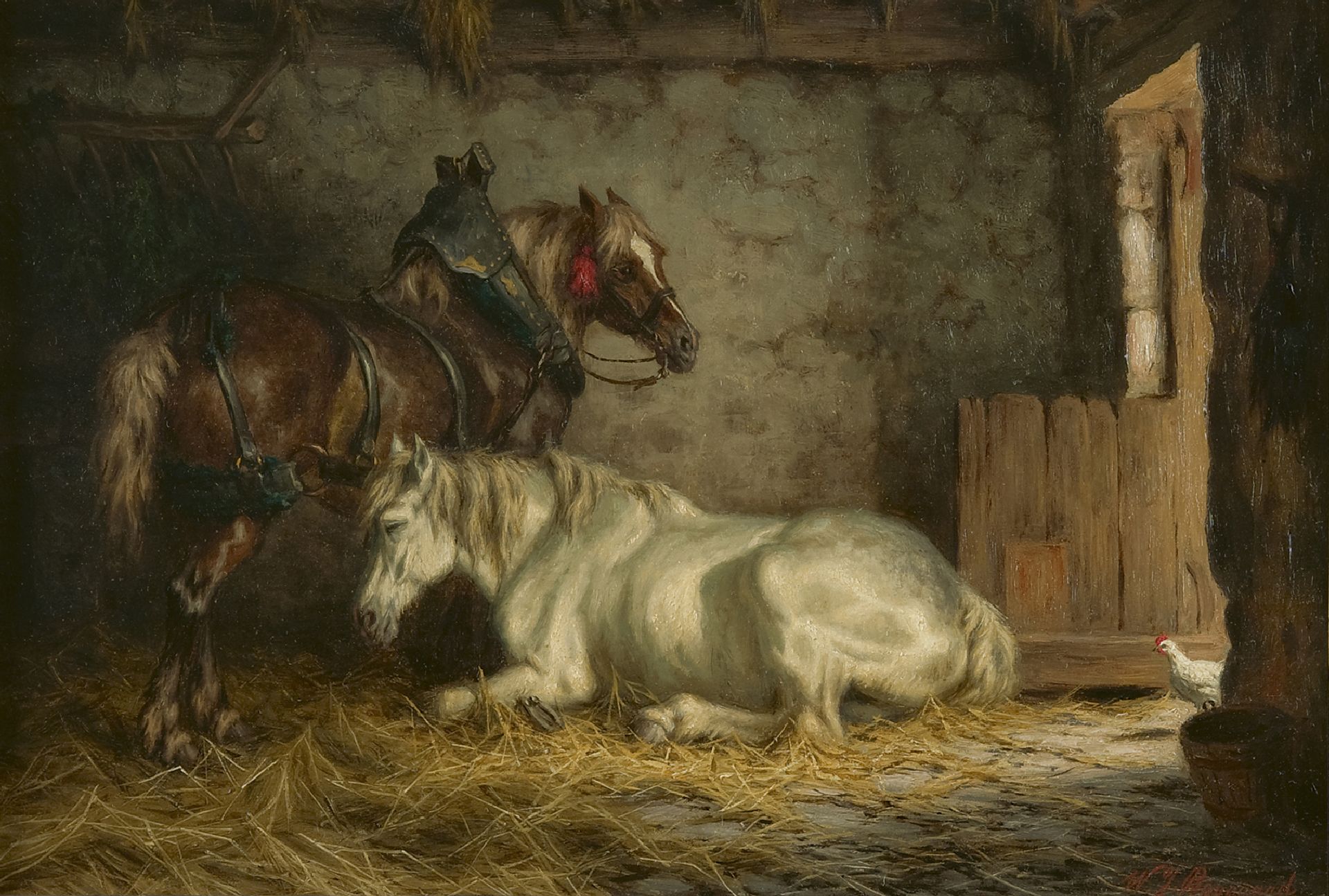 op gang brengen lekken niezen Willem Johan Boogaard | Schilderijen te Koop | Rustende paarden in een stal