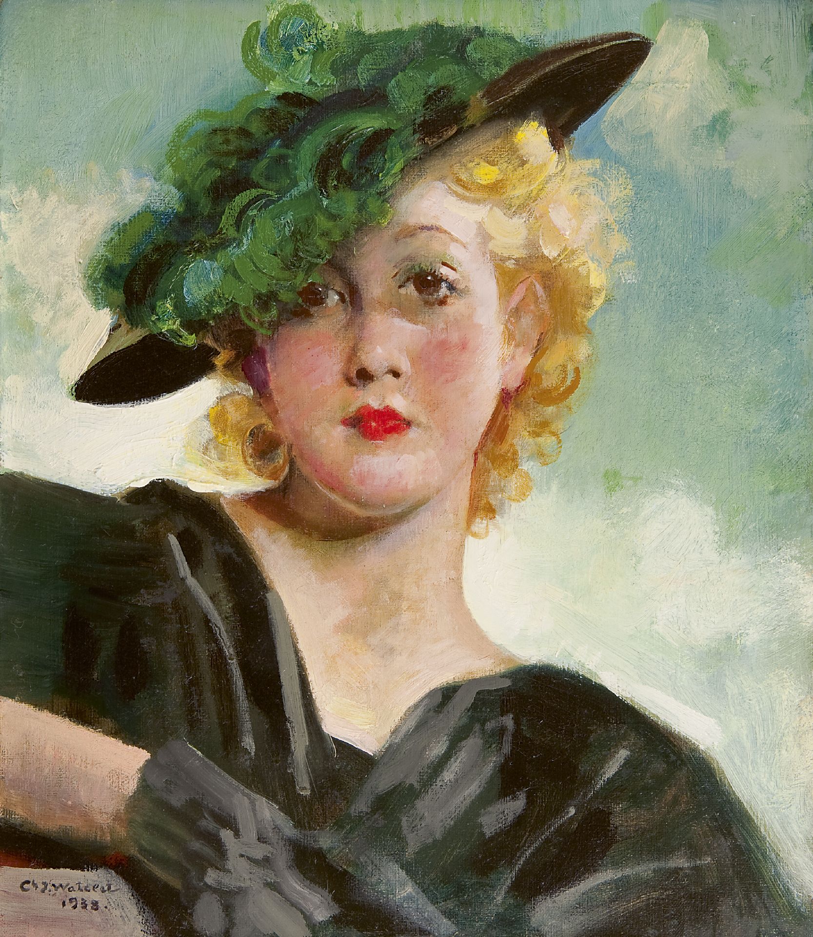 Welp Charles Watelet | Schilderijen vh. te Koop | Vrouw met groene hoed TH-33