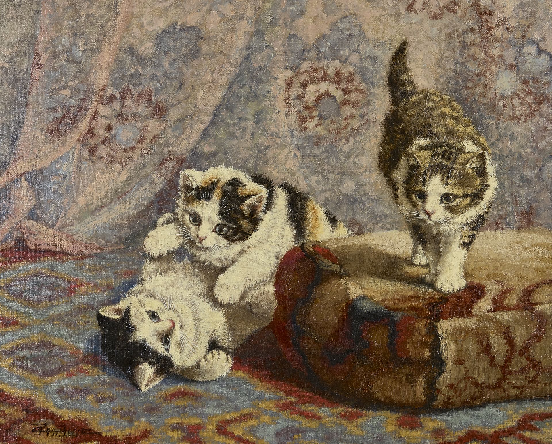 Verraad herwinnen Gestreept Cornelis Raaphorst | Schilderijen te Koop | Drie spelende katjes bij een  poef