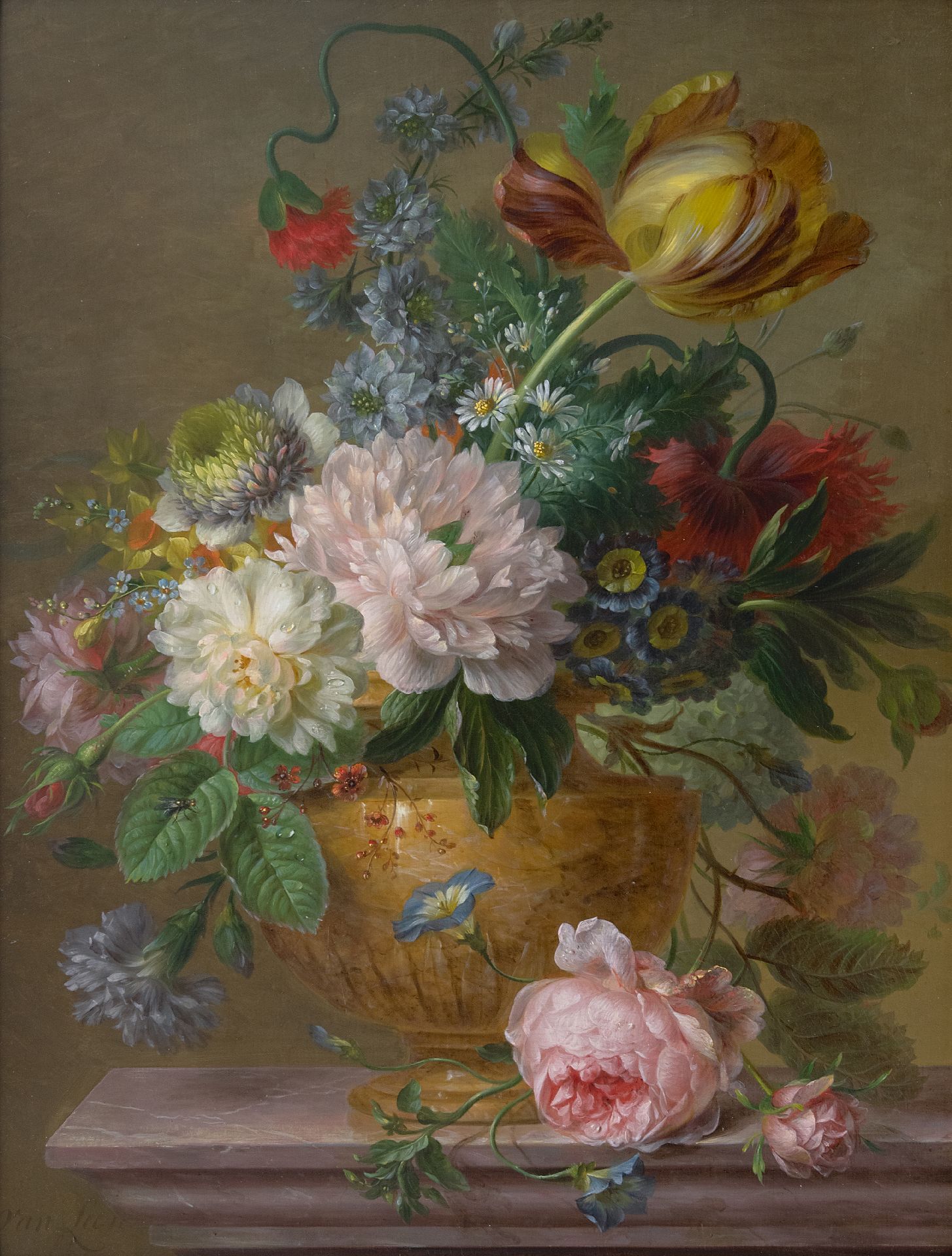 spreker Buitenlander gangpad Willem van Leen | Schilderijen vh. te Koop | Bloemstilleven met pioenrozen  en tulpen