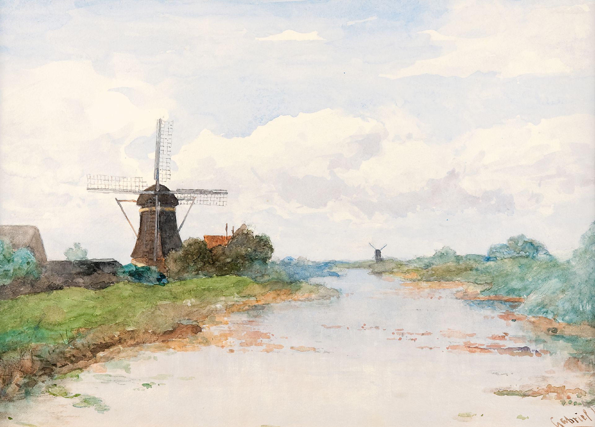 stil gekruld haar Paul Joseph Constantin Gabriel | Watercolours and drawings for Sale | View  on the Proosdijer windmill on the river Winkel