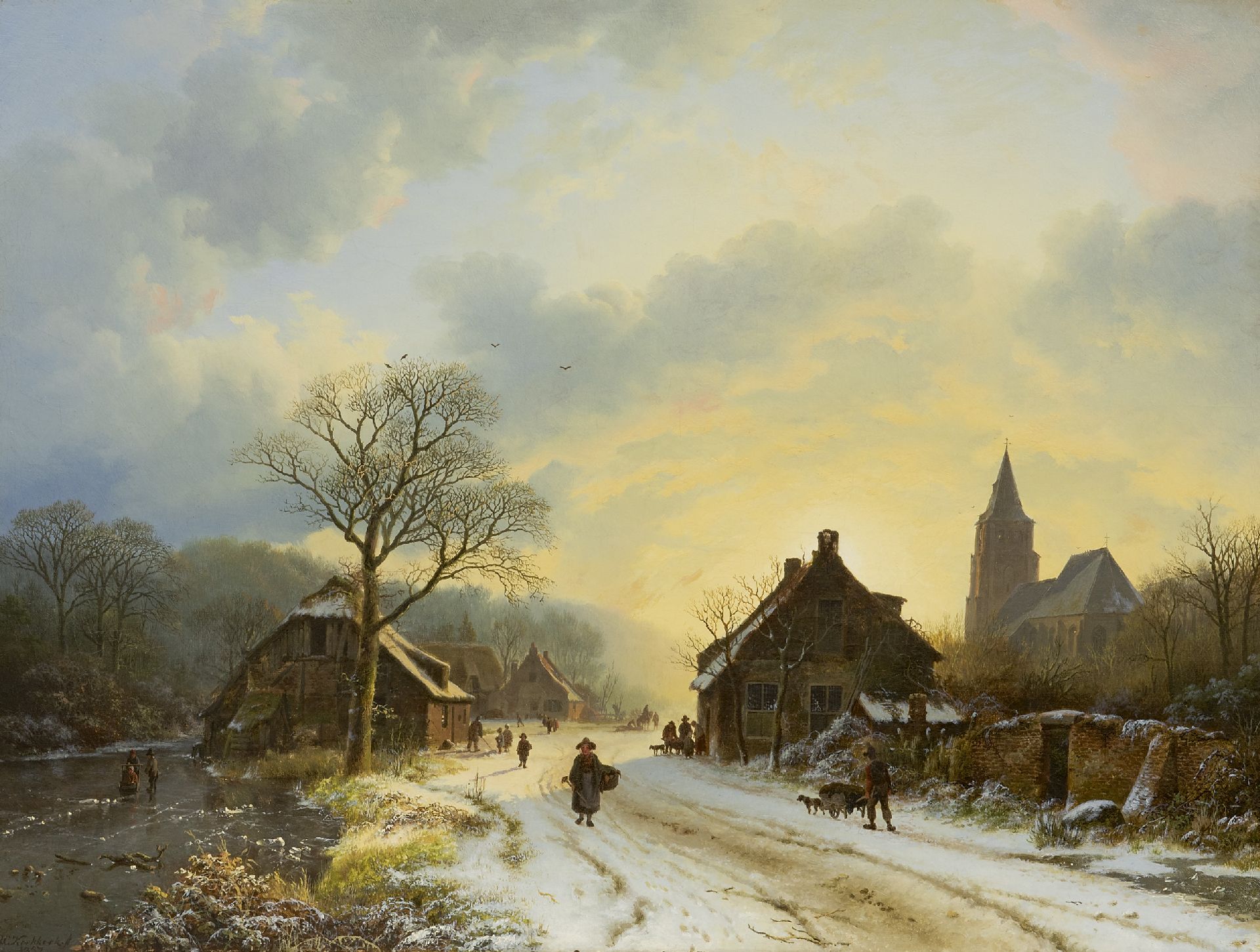 Barend Cornelis Koekkoek | Schilderijen te | Nederrijns winterlandschap met kerkje, geïnspireerd op de dorpskerk te