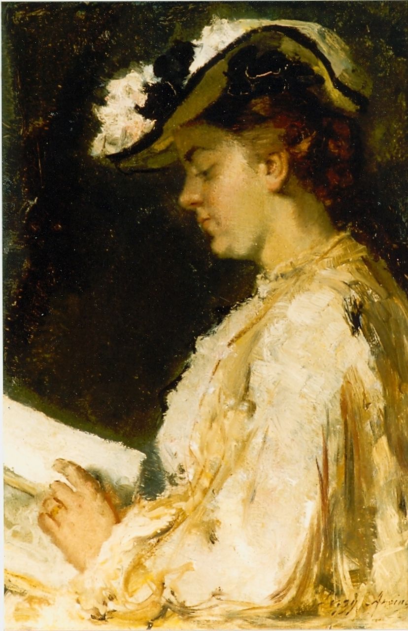 Ansingh M.E.G.  | Maria Elisabeth Georgina 'Lizzy' Ansingh, Lezende vrouw met modieuze hoed, olieverf op doek 33,0 x 23,1 cm, gesigneerd rechtsonder
