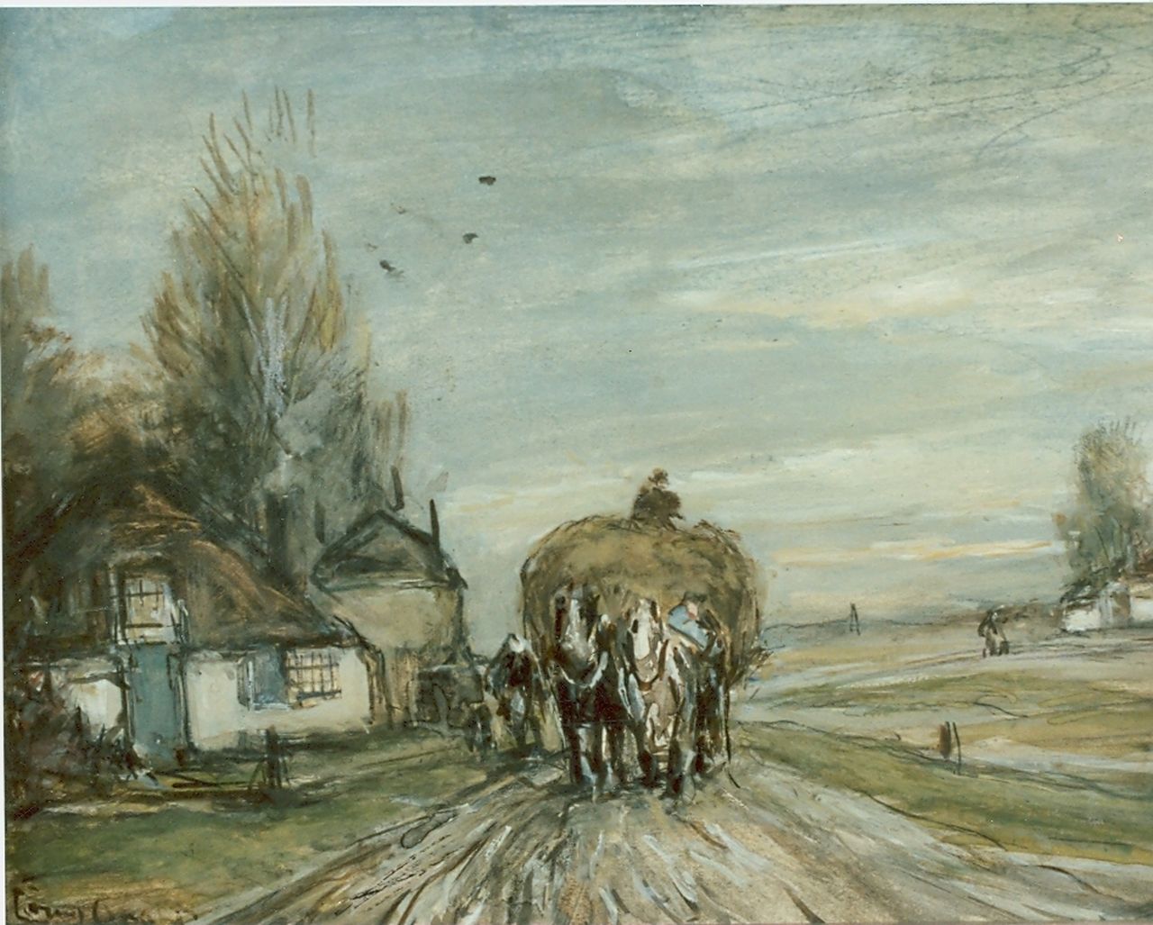 Apol L.F.H.  | Lodewijk Franciscus Hendrik 'Louis' Apol, Hooiwagen op landweg, aquarel op papier 15,5 x 19,5 cm, gesigneerd linksonder