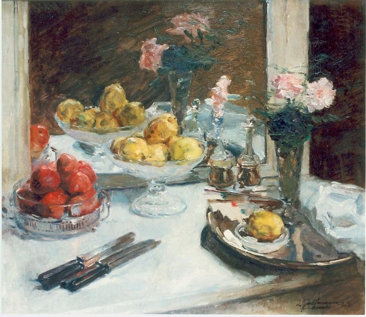 Godfrinon E.J.J.  | Ernest Jean Joseph Godfrinon, Stilleven van fruit en bloemen voor spiegel, olieverf op doek 60,0 x 75,0 cm, gesigneerd rechtsonder