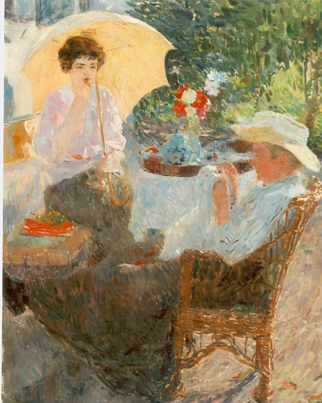 Godfrinon E.J.J.  | Ernest Jean Joseph Godfrinon, Twee vrouwen in zonnige tuin, olieverf op doek 98,7 x 76,5 cm, gesigneerd linksonder