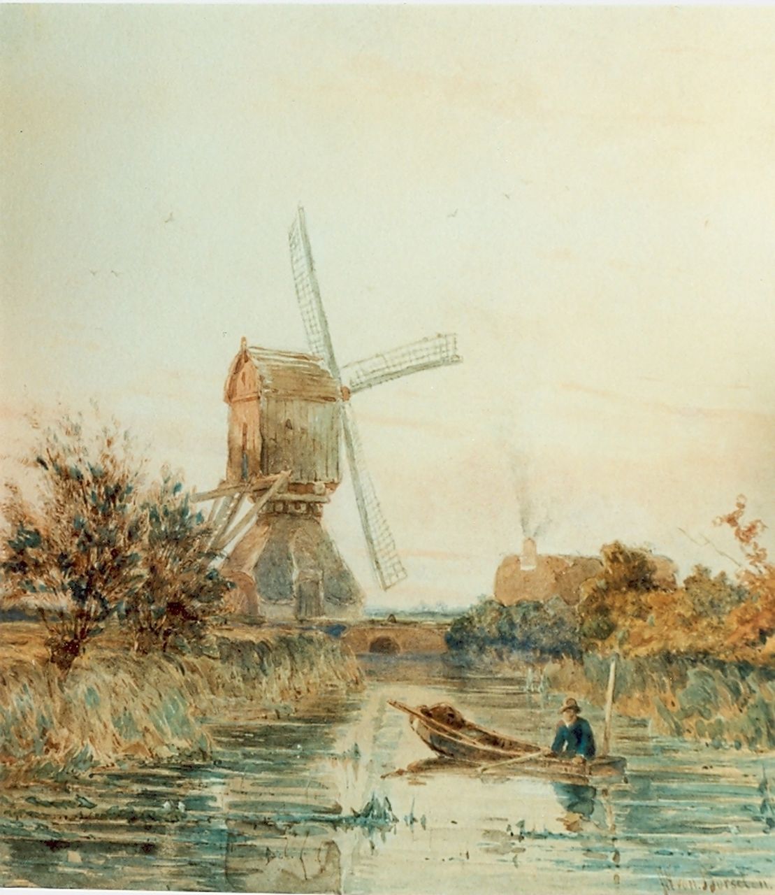 Borselen J.W. van | Jan Willem van Borselen, Molen in landschapje, aquarel op papier 22,0 x 21,0 cm, gesigneerd rechtsonder en gedateerd1861