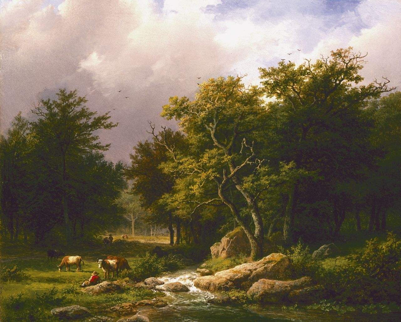 Koekkoek B.C.  | Barend Cornelis Koekkoek, Boomrijk landschap met vee, olieverf op paneel 25,3 x 31,2 cm, gesigneerd rechtsonder