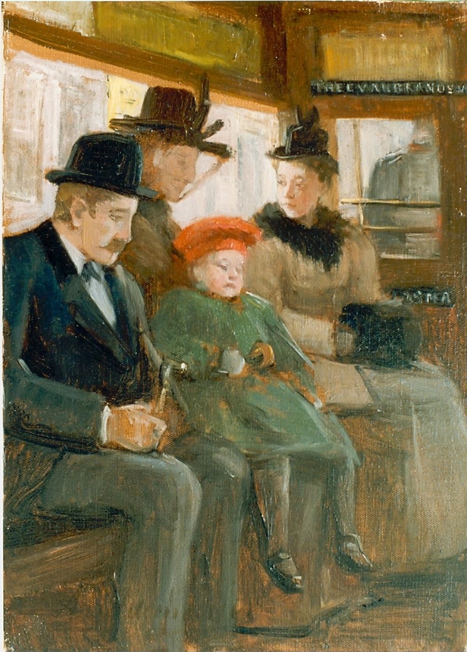 Gildemeester A.  | Anna Gildemeester, Passagiers van de tram, olieverf op doek 38,3 x 28,0 cm, gesigneerd linksonder