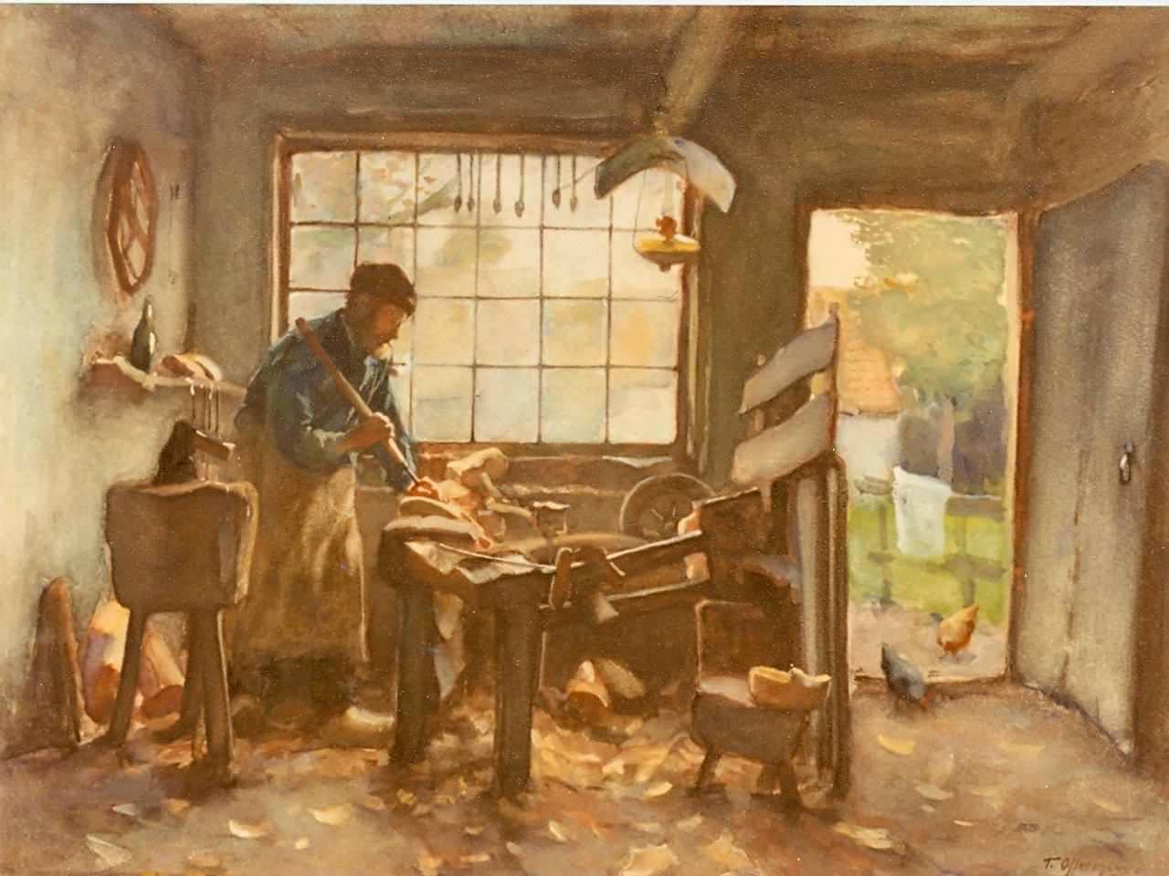 Offermans A.L.G.  | Anton Lodewijk George 'Tony' Offermans, De klompenmaker, olieverf op doek 31,0 x 38,0 cm, gesigneerd rechtsonder