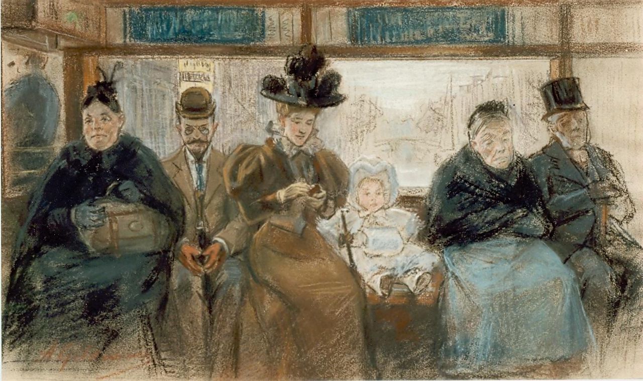 Gildemeester A.  | Anna Gildemeester, Passagiers in de tram, krijt op papier 36,0 x 58,5 cm, gesigneerd linksonder