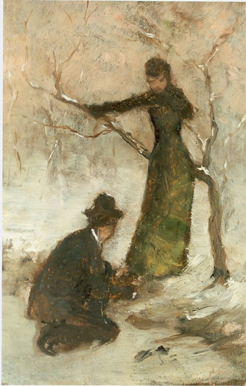 Geerlings J.H.  | Jacob Hendrik Geerlings, Het onderbinden van de schaatsen, olieverf op paneel 17,7 x 11,2 cm