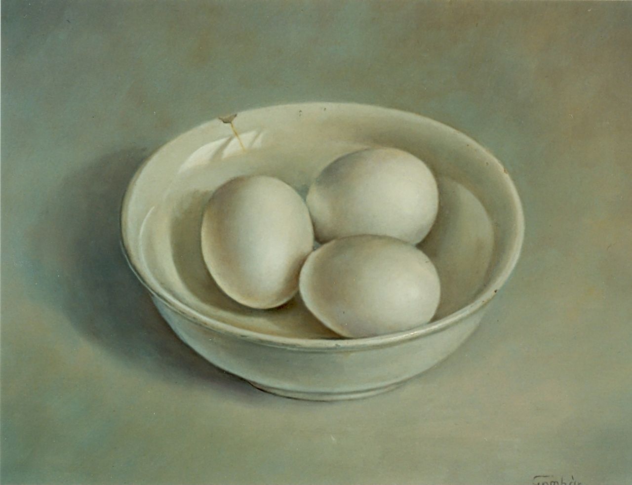 Gombar A.  | Andras Gombar, Schaaltje met eieren, olieverf op paneel 25,0 x 30,0 cm, gesigneerd rechtsonder