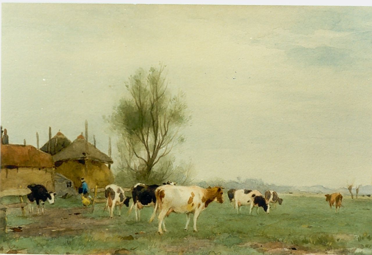 Groenewegen A.J.  | Adrianus Johannes Groenewegen, Koeien bij de boerderij, aquarel op papier 30,0 x 21,0 cm, gesigneerd rechtsonder