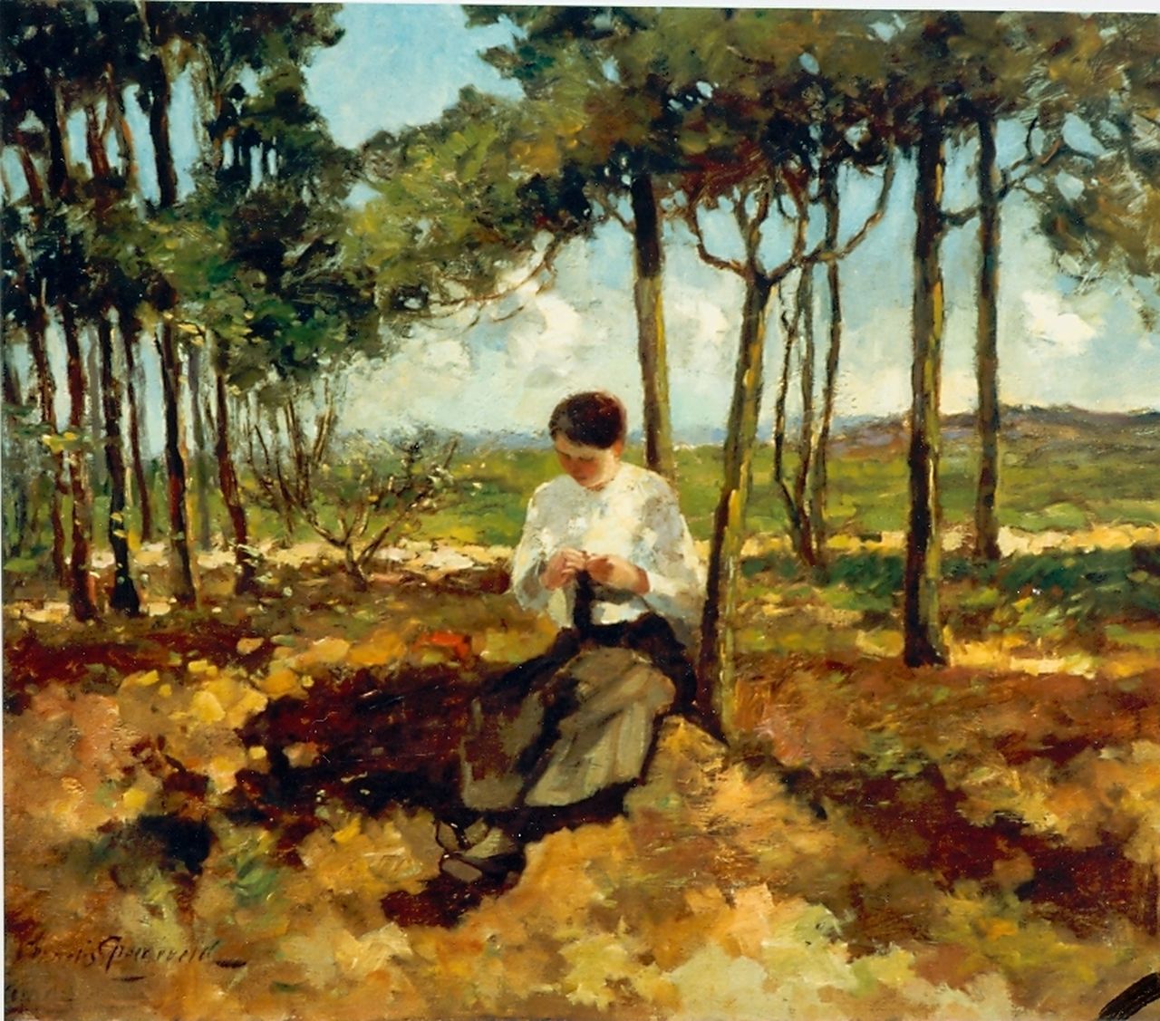 Groeneveld C.  | Cornelis Groeneveld, Breiende vrouw aan bosrand, olieverf op doek 64,0 x 76,3 cm, gesigneerd linksonder