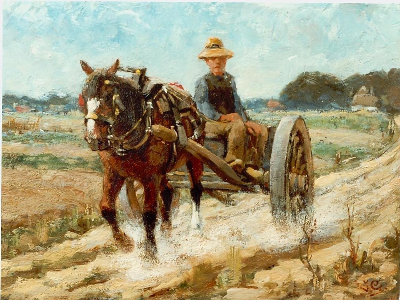 Geerlings J.H.  | Jacob Hendrik Geerlings, Paard en wagen op een landweg, olieverf op paneel 20,9 x 28,0 cm, gesigneerd rechtsonder