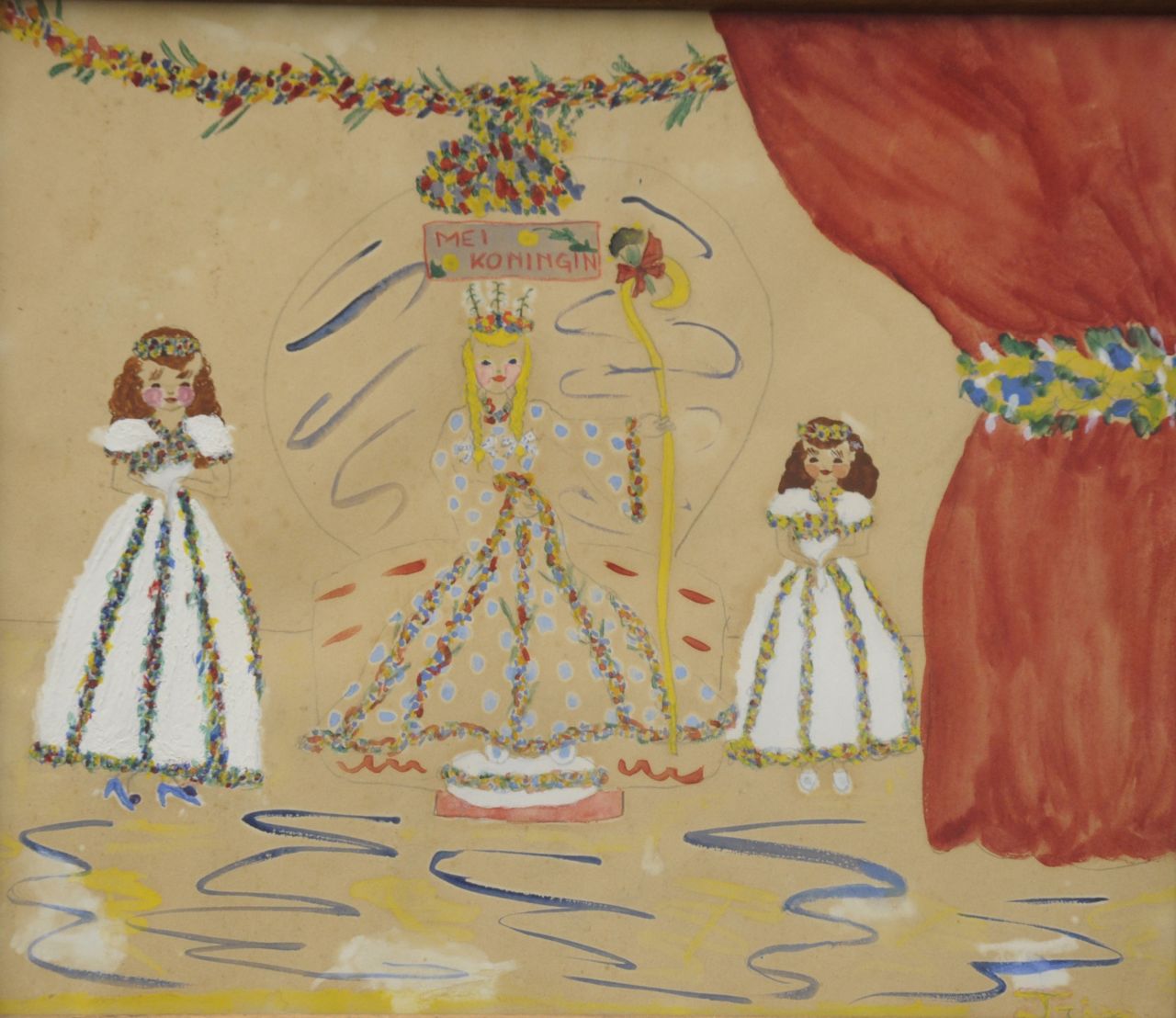 Oranje-Nassau (Prinses Beatrix) B.W.A. van | Beatrix Wilhelmina Armgard van Oranje-Nassau (Prinses Beatrix), Meikoningin, aquarel op papier 30,0 x 37,7 cm, gesigneerd m.b.