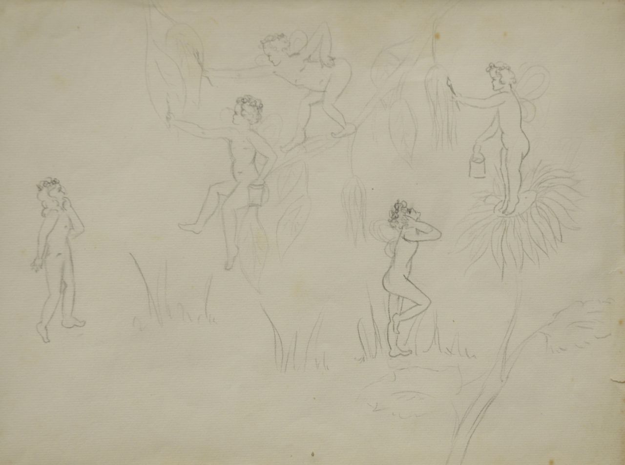 Oranje-Nassau (Prinses Beatrix) B.W.A. van | Beatrix Wilhelmina Armgard van Oranje-Nassau (Prinses Beatrix), Spelende elfjes, potlood op papier 23,0 x 30,0 cm