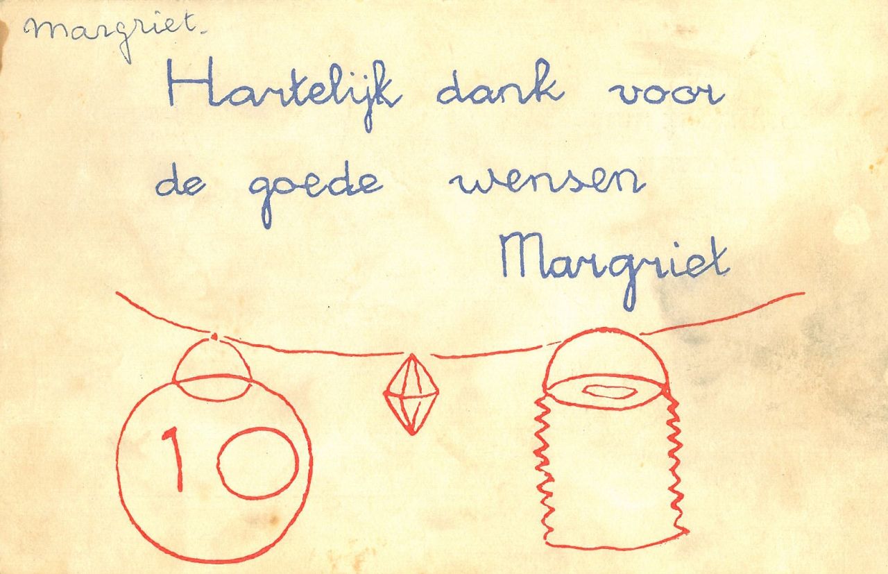 Oranje-Nassau (Prinses Margriet) M.F. van | Margriet Francisca van Oranje-Nassau (Prinses Margriet), Lampionnen aan een lijn, rode en blauwe inkt op papier (ansichtkaart) 9,0 x 14,0 cm, gesigneerd in het midden
