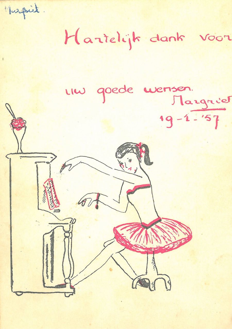 Oranje-Nassau (Prinses Margriet) M.F. van | Margriet Francisca van Oranje-Nassau (Prinses Margriet), Ballerina aan piano, roze en zwarte inkt op papier (ansichtkaart) 15,0 x 10,5 cm, gesigneerd rechts van het midden en gedateerd 19-1-'57