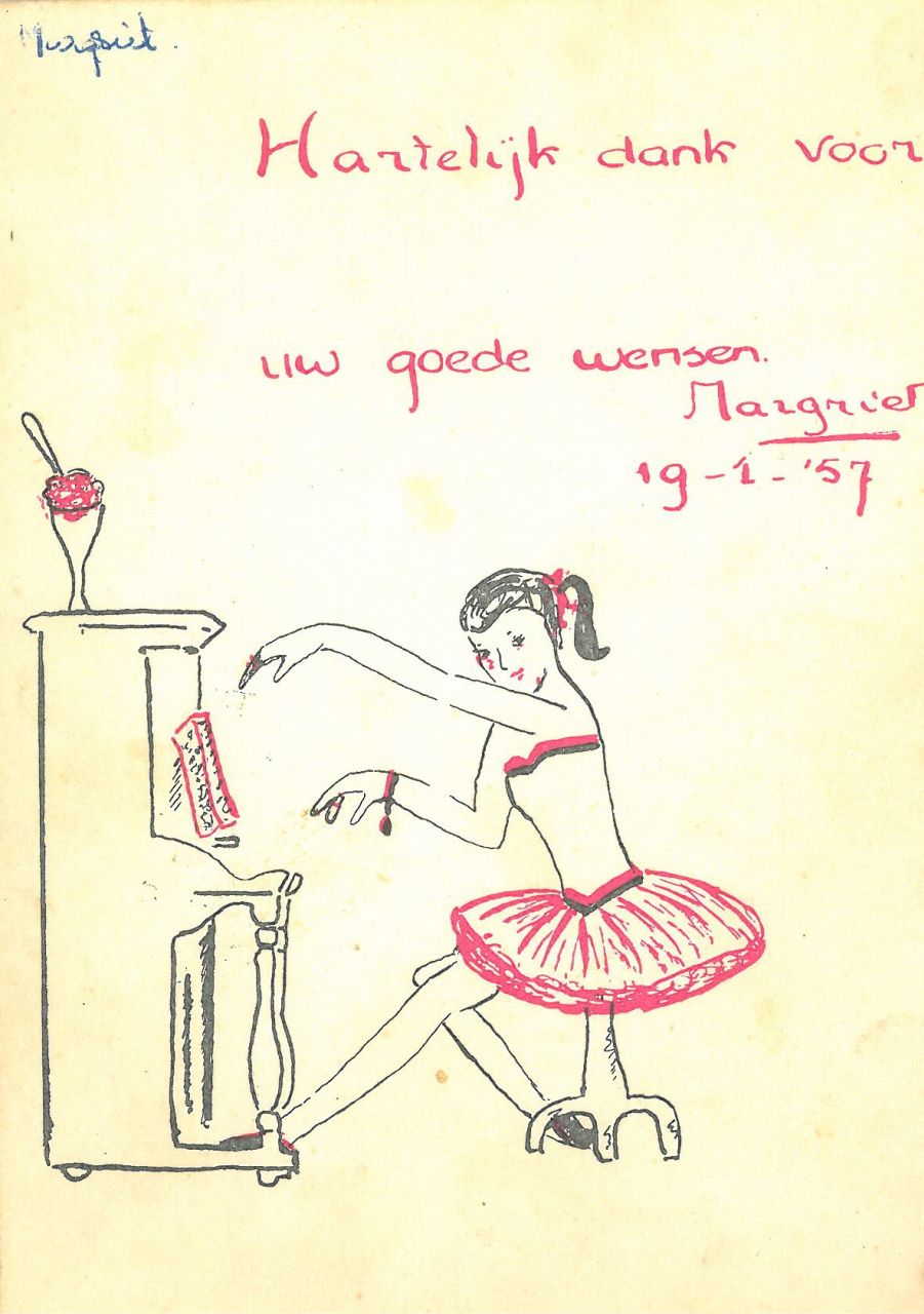 Oranje-Nassau (Prinses Margriet) M.F. van | Margriet Francisca van Oranje-Nassau (Prinses Margriet), Ballerina aan piano, roze en zwarte inkt op papier (ansichtkaart) 15,0 x 10,5 cm, gesigneerd rechts van het midden en gedateerd 19-1-'57 Oranje-Nassau (Prinses Margriet) M.F. van | Margriet Francisca van Oranje-Nassau (Prinses Margriet), Ballerina aan piano, roze en zwarte inkt op papier (ansichtkaart) 15,0 x 10,5 cm, gesigneerd rechts van het midden en gedateerd 19-1-'57