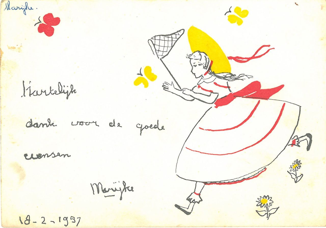 Oranje-Nassau (Prinses Christina) M.C. van | Maria 'Christina' van Oranje-Nassau (Prinses Christina), Vlindervangster, zwarte, gele en rode inkt op papier (ansichtkaart) 10,5 x 14,9 cm, gesigneerd middenonder en gedateerd 19-2-1957