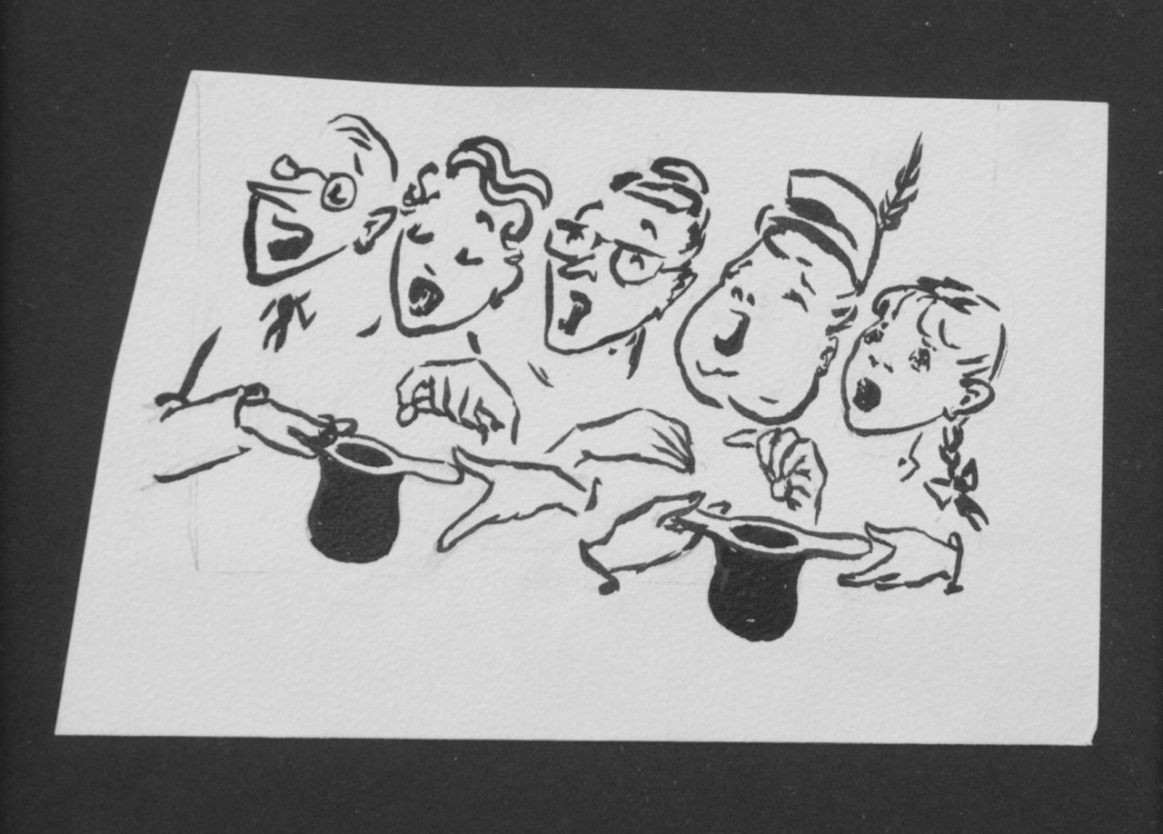 Oranje-Nassau (Prinses Beatrix) B.W.A. van | Beatrix Wilhelmina Armgard van Oranje-Nassau (Prinses Beatrix), De collecte, potlood en Oost-Indische inkt op papier 9,6 x 15,5 cm, te dateren augustus 1960