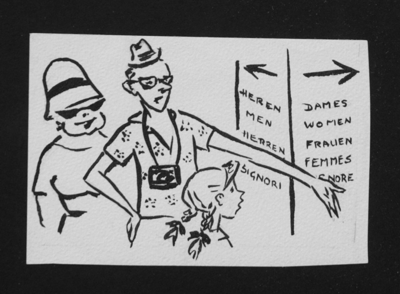 Oranje-Nassau (Prinses Beatrix) B.W.A. van | Beatrix Wilhelmina Armgard van Oranje-Nassau (Prinses Beatrix), Toeristen, potlood en Oost-Indische inkt op papier 8,0 x 12,0 cm, te dateren augustus 1960
