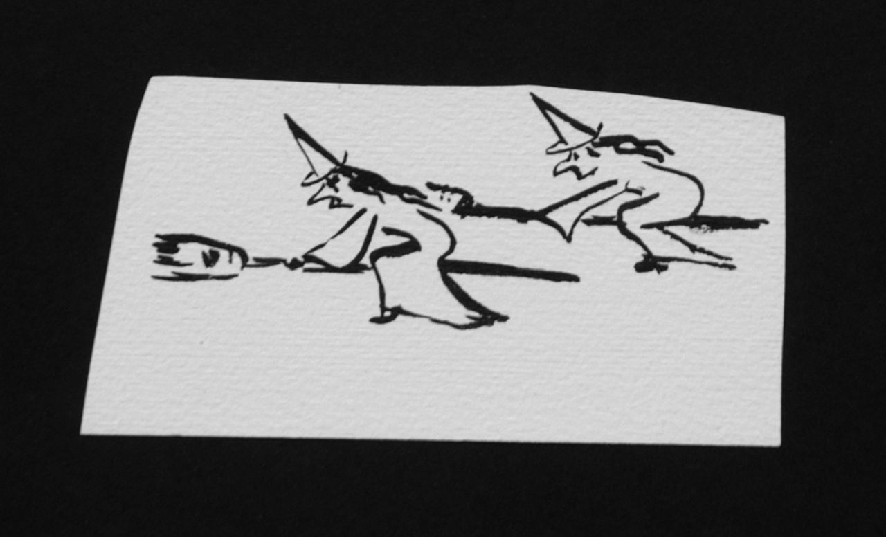 Oranje-Nassau (Prinses Beatrix) B.W.A. van | Beatrix Wilhelmina Armgard van Oranje-Nassau (Prinses Beatrix), Vliegende heksen, potlood en Oost-Indische inkt op papier 5,7 x 11,3 cm, te dateren augustus 1960