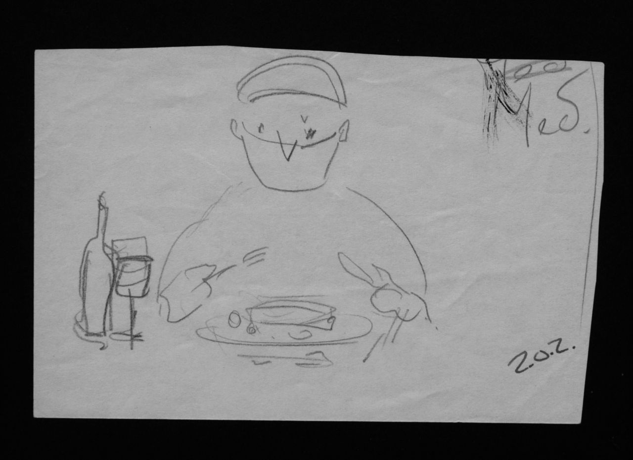 Oranje-Nassau (Prinses Beatrix) B.W.A. van | Beatrix Wilhelmina Armgard van Oranje-Nassau (Prinses Beatrix), Chirurg aan tafel, potlood en Oost-Indische inkt op papier 9,7 x 15,0 cm, te dateren augustus 1960