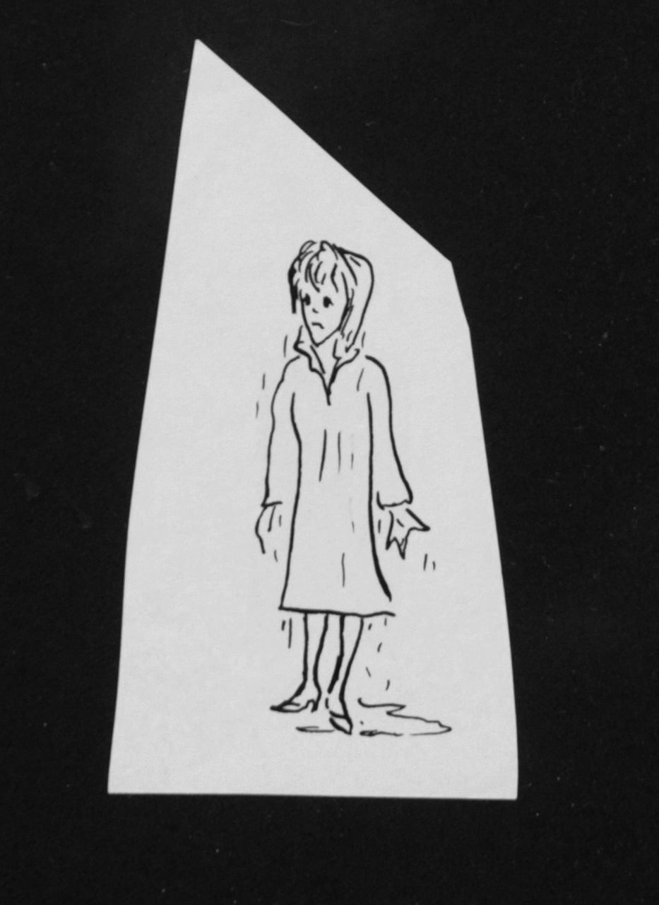 Oranje-Nassau (Prinses Beatrix) B.W.A. van | Beatrix Wilhelmina Armgard van Oranje-Nassau (Prinses Beatrix), Druipnat meisje, potlood en Oost-Indische inkt op papier 9,3 x 5,0 cm, te dateren augustus 1960