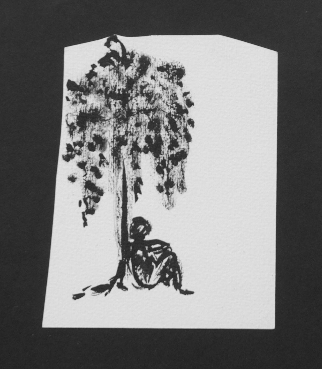 Oranje-Nassau (Prinses Beatrix) B.W.A. van | Beatrix Wilhelmina Armgard van Oranje-Nassau (Prinses Beatrix), Slapende man onder boom, potlood en Oost-Indische inkt op papier 12,2 x 9,7 cm, te dateren augustus 1960