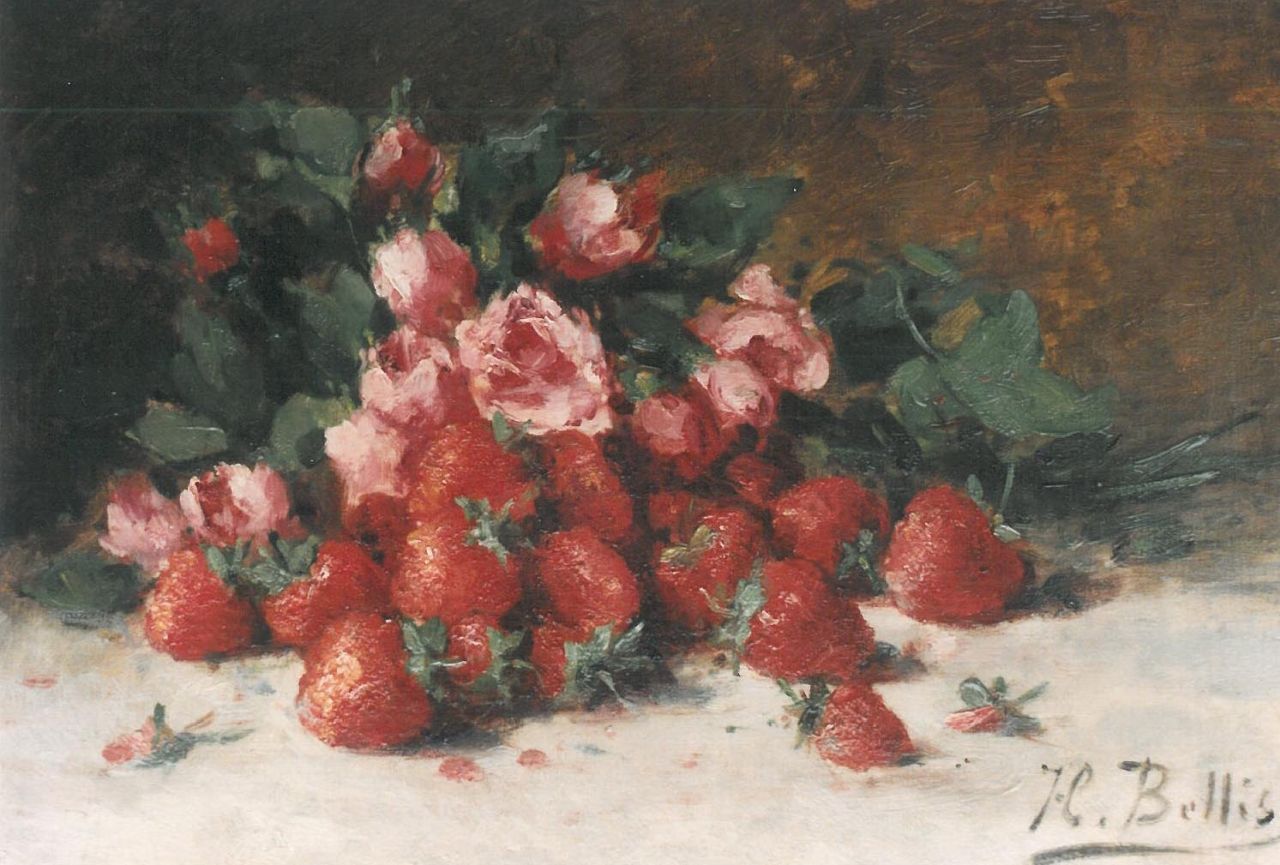 Bellis J.L.  | Josse-Lambert 'Hubert' Bellis, Stilleven van rozen en aardbeien, olieverf op doek 31,5 x 45,0 cm, gesigneerd rechtsonder