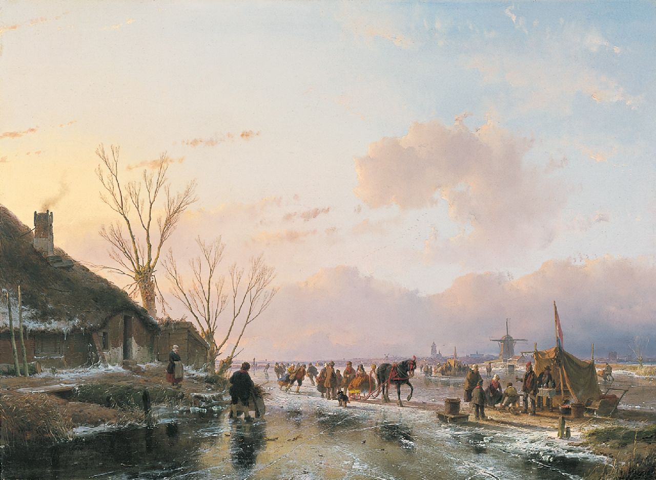 Schelfhout A.  | Andreas Schelfhout, IJsvertier op een zonnige winterdag, olieverf op paneel 55,0 x 74,5 cm, gesigneerd linksonder en gedateerd 1850