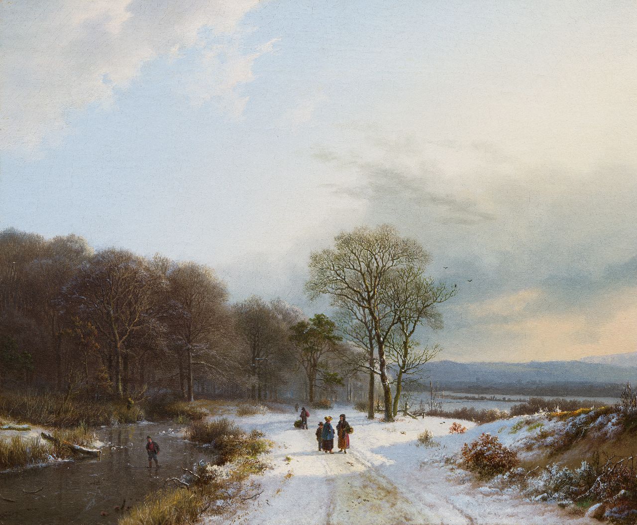Koekkoek B.C.  | Barend Cornelis Koekkoek, Winters boslandschap met figuren, olieverf op doek, gesigneerd linksonder en gedateerd 1833