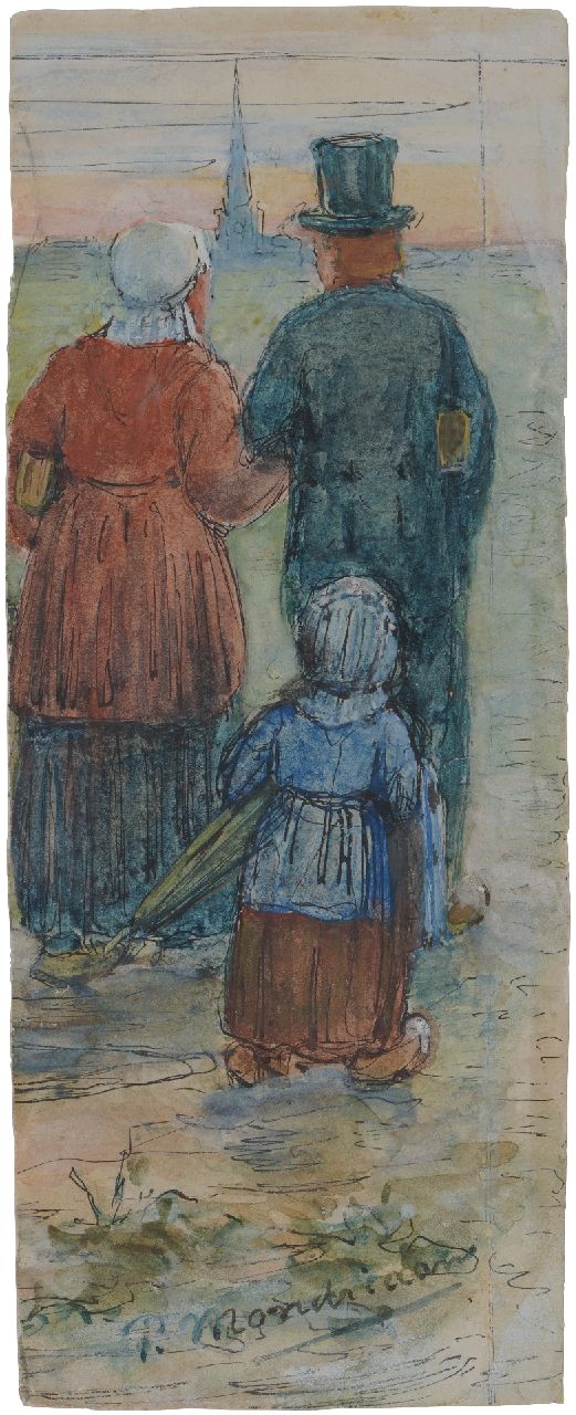 Mondriaan P.C.  | Pieter Cornelis 'Piet' Mondriaan, Op weg naar de kerkdienst, aquarel op papier 15,5 x 6,0 cm, gesigneerd middenonder