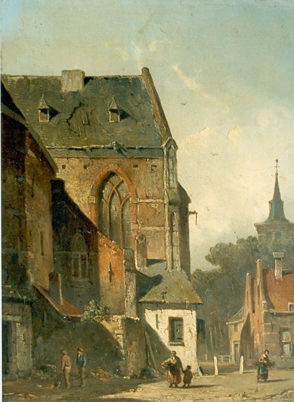 Eversen A.  | Adrianus Eversen, Achter de kerk, olieverf op paneel 26,1 x 21,2 cm, gesigneerd rechtsonder