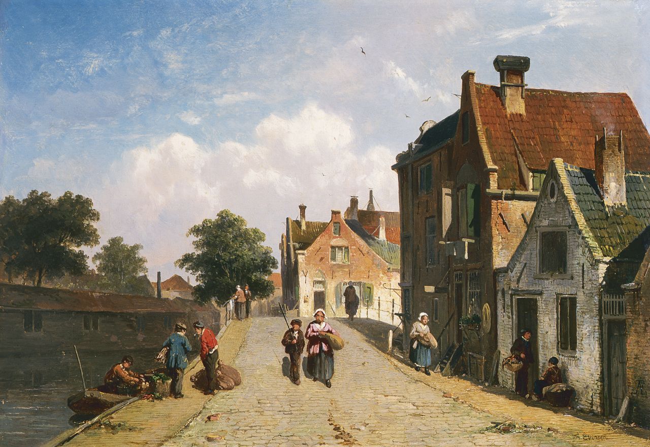 Eversen A.  | Adrianus Eversen, Zonnig dorpskade met wandelaars, olieverf op paneel 25,0 x 36,2 cm, gesigneerd rechtsonder