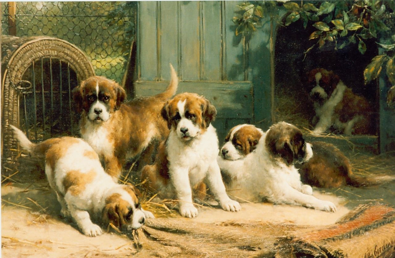 Eerelman O.  | Otto Eerelman, St. Bernard puppies, olieverf op doek 90,0 x 130,0 cm, gesigneerd linksonder