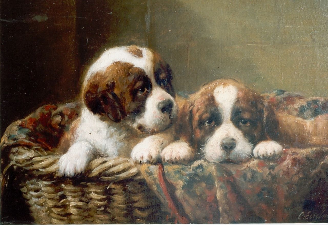 Eerelman O.  | Otto Eerelman, Twee St. Bernhard puppies in een mand, olieverf op doek 29,0 x 44,0 cm, gesigneerd rechtsonder